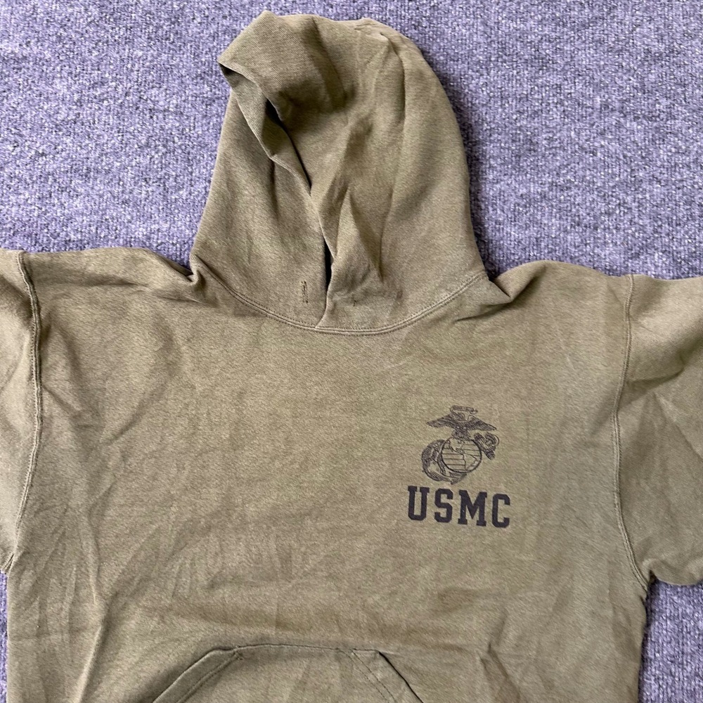 Soffe hoodie Mens Size M Olive Green USMC Graphic Pullover Made in USA Fleece